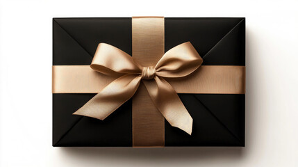 Black gift box with orange ribbon on white background