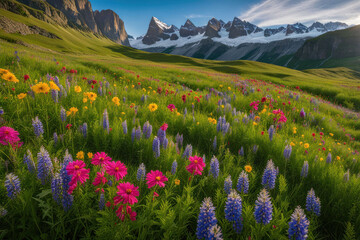 Obraz premium Vibrant wildflowers bloom in a sunlit alpine meadow, majestic mountains in the background.
