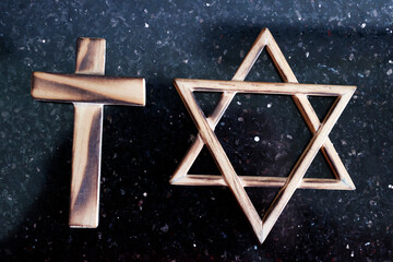 Christianity, Islam and Judaism : the three monotheistic religions. Jewish Star, Christian Cross...