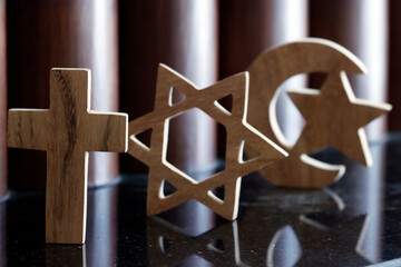 Christianity, Islam and Judaism : the three monotheistic religions. Jewish Star, Christian Cross...