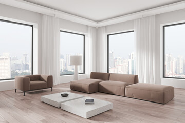 Fototapeta premium Modern living room with brown furniture, large windows, and a minimalist coffee table in a city apartment. 3D Rendering