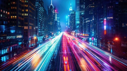 Obraz premium Night city street, light trails, urban traffic.