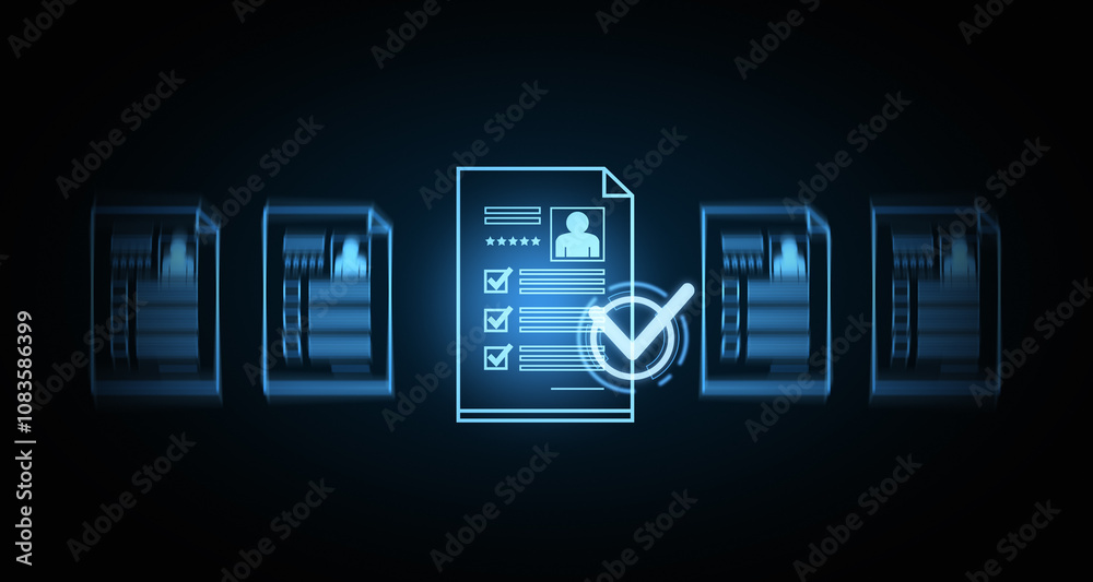 Poster glowing digital checklist with highlighted document and checkmark on dark background. 3d rendering
