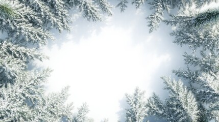 Obraz premium Serene white background with natural frame of snow-dusted evergreens, evoking calm winter charm