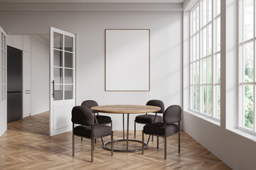 Fototapeta premium Blank poster mockup on a wall in a minimalistic dining room with large windows and wooden flooring. 3D Rendering