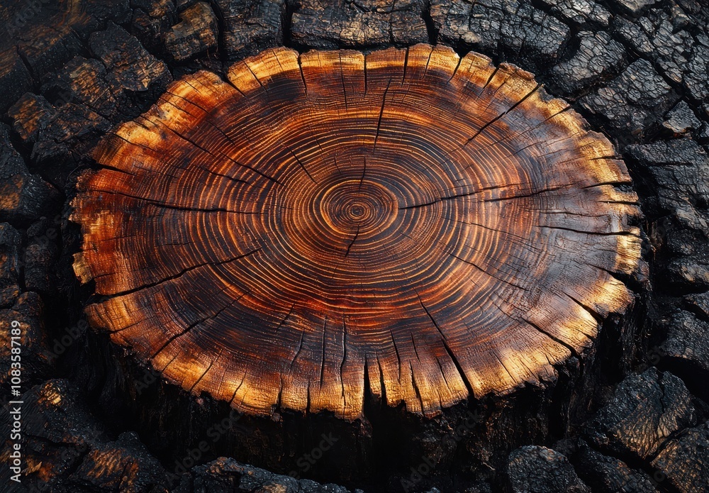 Poster burned tree trunk with visible growth rings