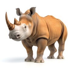 Obraz premium A realistic rendering of a majestic rhinoceros standing on a plain white background, showcasing its muscular build and unique horn structure with lifelike detail and precision.