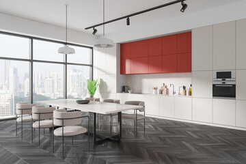 Modern Kitchen Interior with Red Cabinets. 3D Rendering