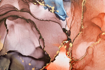 Current of translucent hues intertwine with metallic gold veins, shaping organic luxurious landscape. This fluid art, abstract liquid ink technique, light and shadow dance across free-flowing textures