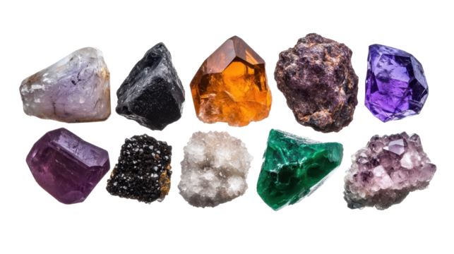 Colorful variety of natural gemstones displayed. transparent background