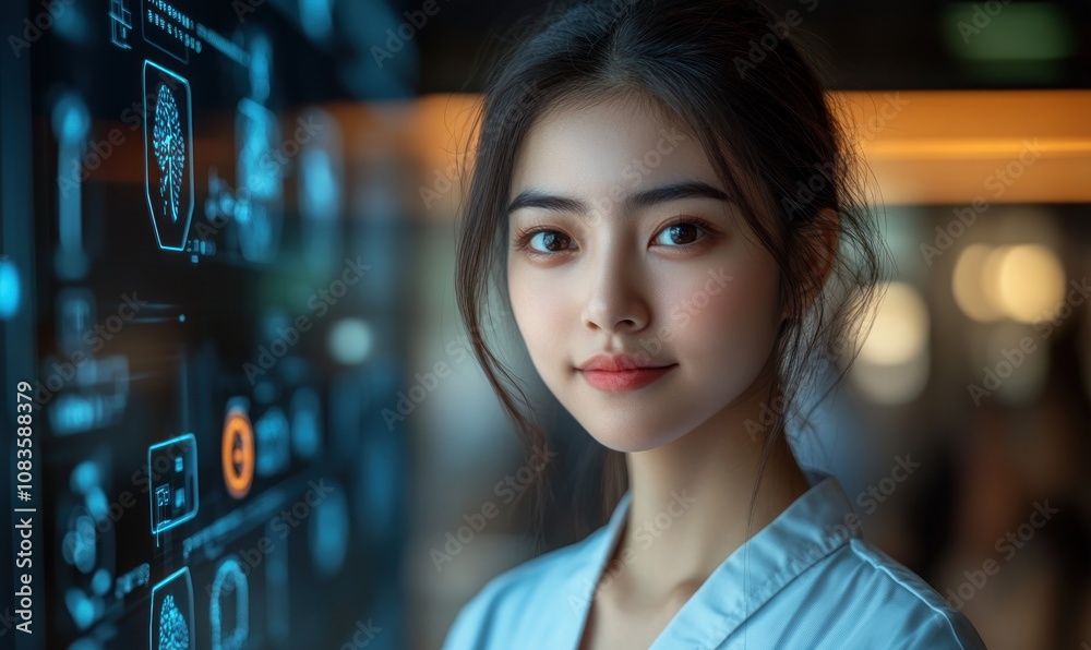 Poster woman looking at a digital interface with biometric data