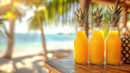 Obraz premium Tropical Beach Picnic with Yellow Juice Bottle, Pineapple, and Fruit.