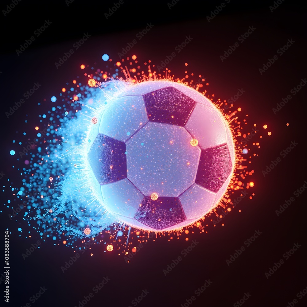 Poster A Dynamic Visual of a Football Disintegrating into Particles with Glowing Effects for Sports and Technology Themes