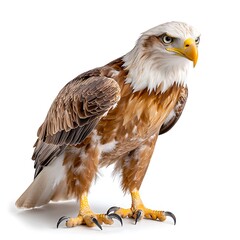 Obraz premium The realistic eagle is depicted in full height on a white background, showcasing its majestic wingspan and sharp talons