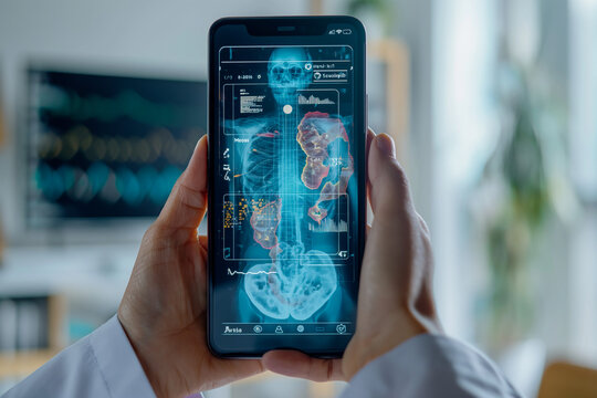 Doctor on the phone looks at a digital medical record. AR healthcare and network connection on a hologram of a modern user interface for treatment and diagnosis of the body.