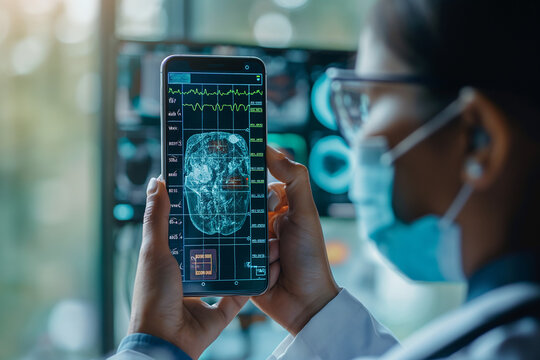 Doctor on the phone looks at a digital medical record. AR healthcare and network connection on a hologram of a modern user interface for treatment and diagnosis of the body.
