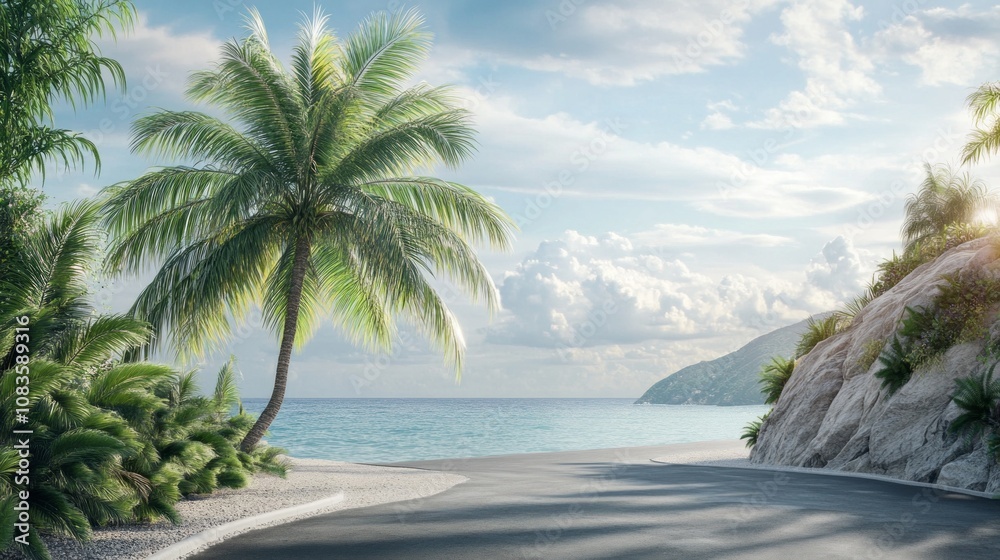 Poster A palm tree is in front of a beach with a road in the background