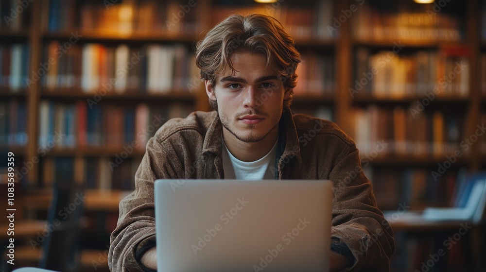 Aufkleber young man using laptop in a library setting