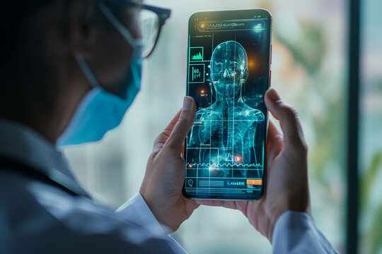 Doctor on the phone looks at a digital medical record. AR healthcare and network connection on a hologram of a modern user interface for treatment and diagnosis of the body.