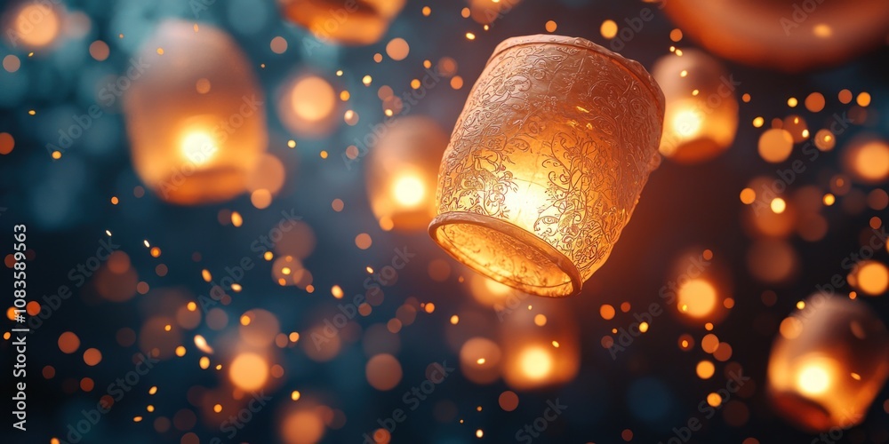Poster A Close-Up of a Single Illuminated Sky Lantern with Defocused Lights in the Background