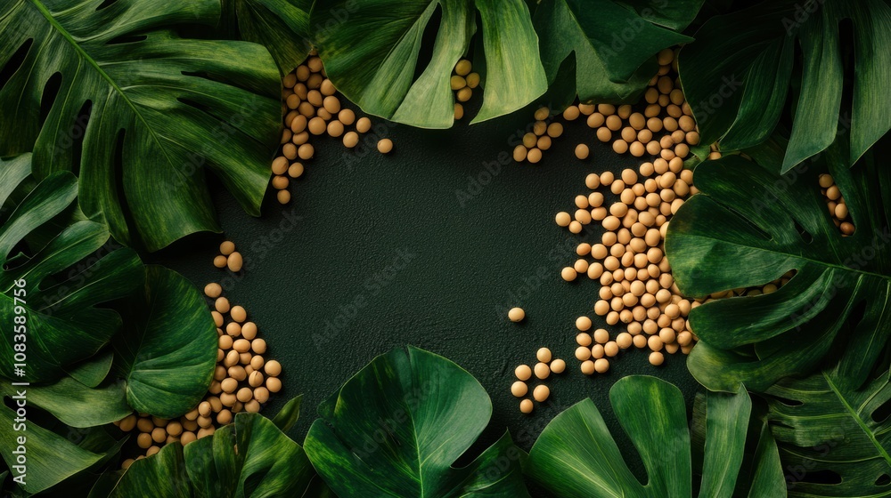 Poster lush tropical leaves frame scattered soybeans, creating a vibrant and rich natural display in a sere