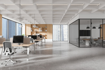 Modern open-plan office with glass meeting room and workstations in a bright corporate space. 3D Rendering