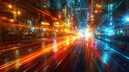 Fototapeta premium Night city street with vibrant light trails.