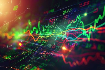 Abstract financial data visualization with colorful graphs and charts.