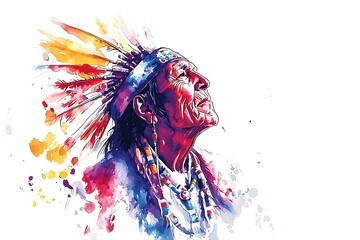 Obraz premium Vibrant Watercolor Portrait of a Native American Chief in Traditional Headdress. This artistic depiction showcases the rich culture and spirituality of Indigenous peoples.