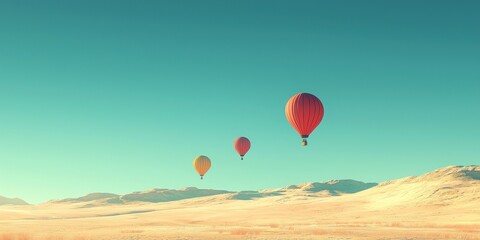 Fototapeta premium Three Hot Air Balloons Soaring Over a Desert Landscape