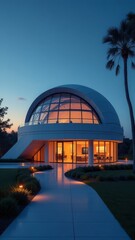Obraz premium A large glass dome building with a glass roof and a large glass window. Modern observatory
