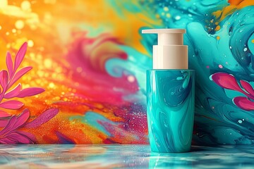 Cosmetic product mockup Vibrant abstract background with turquoise lotion bottle for skincare product photography