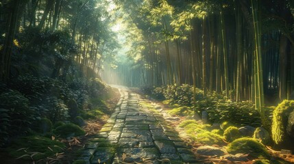 Obraz premium Sunlit stone path through misty bamboo forest.