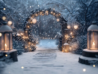 Enchanting Winter Pathway with Lanterns and Snowfall Leading Through a Frosted Archway Surrounded by Sparkling Trees and Festive Lights in a Magical Forest