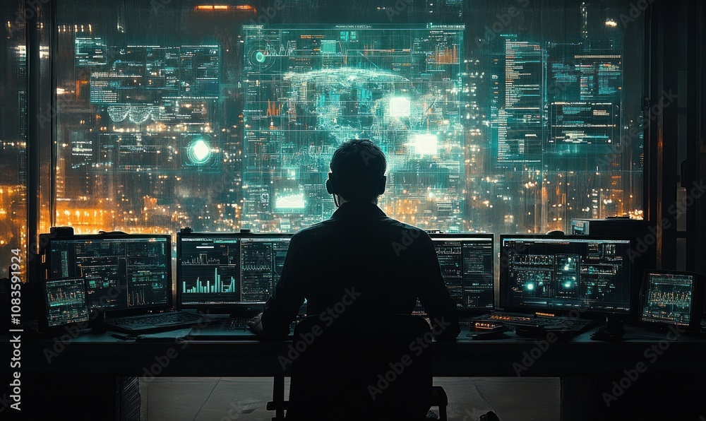 Poster A Hacker Silhouetted Against A City Skyline With Screens Displaying Code And Data