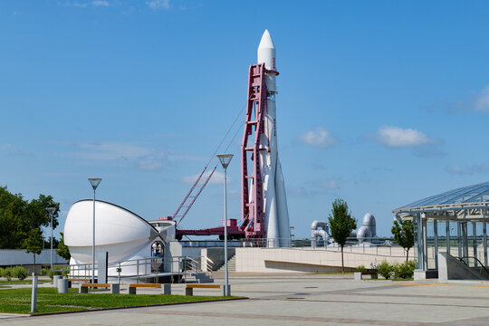 KALUGA, RUSSIA - JULY 14, 2024: A model of the launch pad and the Vostok rocket on a sunny summer day. State Museum of the History of Cosmonautics