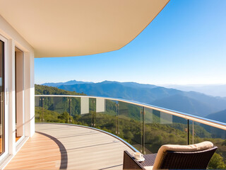 Fototapeta premium A serene balcony view showcasing the ocean and majestic mountains in the background.