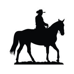 Fototapeta premium A man is riding a horse. The horse is black. The man is wearing a hat
