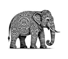 elephant tattoo engraving black and white outline