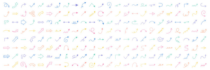 手書きの矢印アイコンのベクターイラストセット。方向、手描き、シンプル、やじるし
