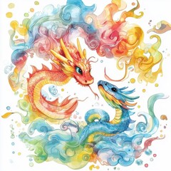 Obraz premium Vibrant illustration of two mythical dragons entwined in colorful swirls of smoke, symbolizing harmony and balance.