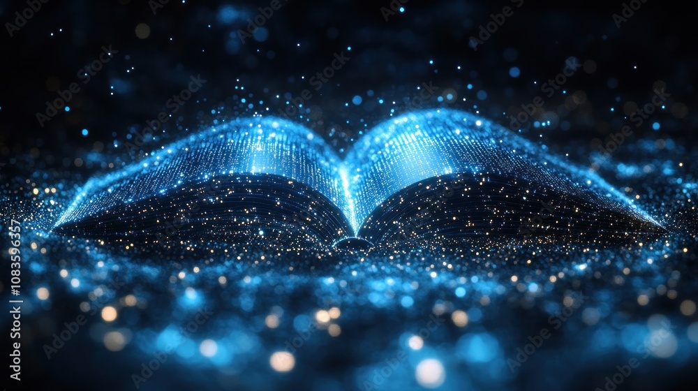 Poster an open book made of blue glowing particles on a dark background