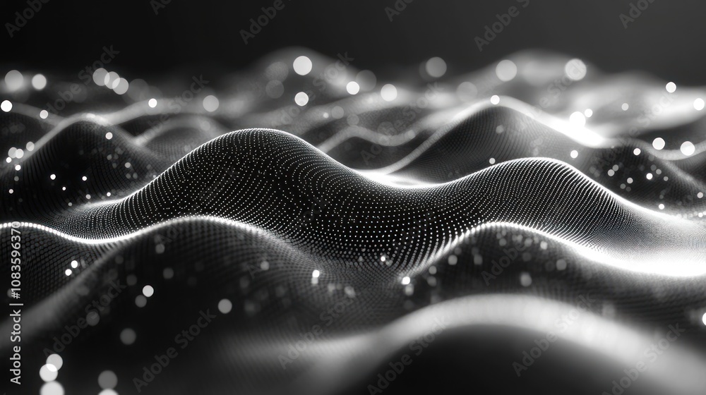 Poster abstract wavy pattern of white dots on black background