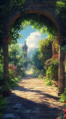 Serene garden pathway framed by lush greenery and a majestic tower, inviting exploration in a tranquil setting.