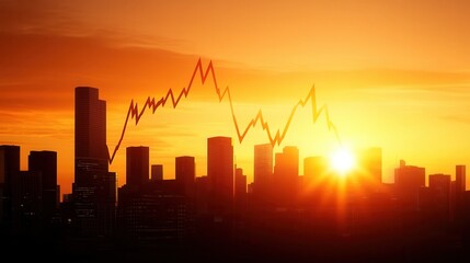 Fototapeta premium Silhouette of business skyline at sunset with rising graph.
