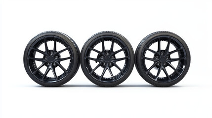 Fototapeta premium Four brand new car wheels with tires, shown against a plain white background.