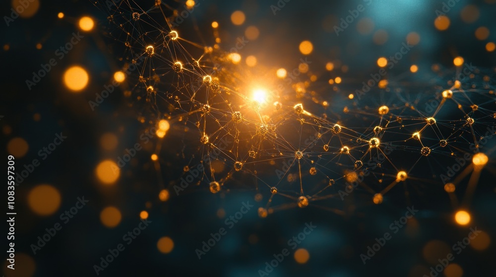 Poster Abstract Golden Network with Glowing Nodes and Bokeh Lights
