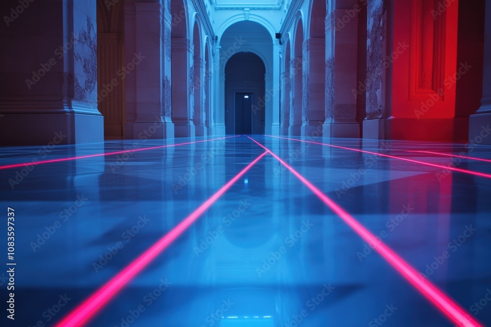 Poster red laser security beams crisscross an ornate corridor, adding tension to a suspenseful atmosphere d