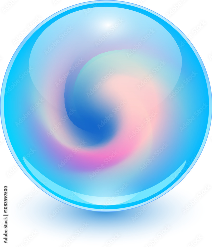 Aufkleber glass ball with abstract spiral shape inside, blue shiny sphere with interesting marble pattern.