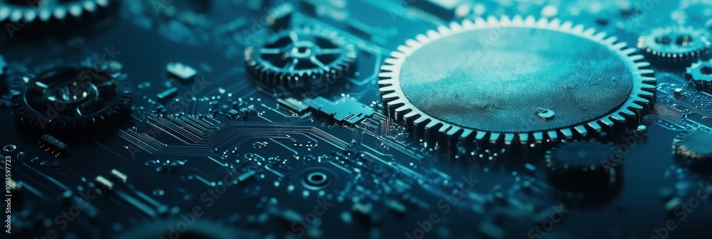 Aufkleber Detailed arrangement of gears alongside a microprocessor showcases the complexity of modern electronic design in engineering applications. Generative AI